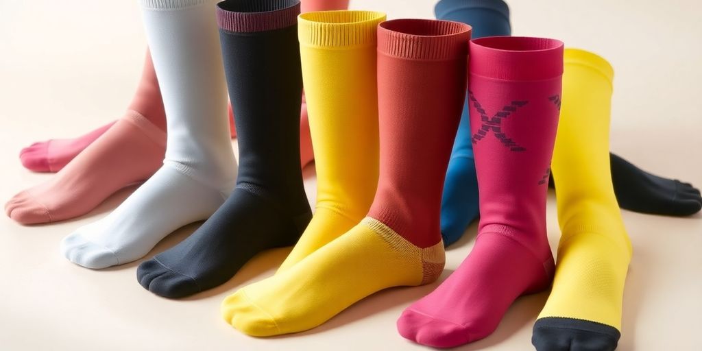 Meias de compressão em diferentes cores e texturas.