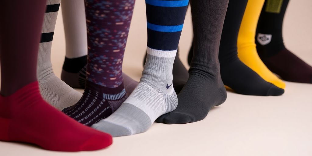 Meias de compressão em diferentes cores e padrões.