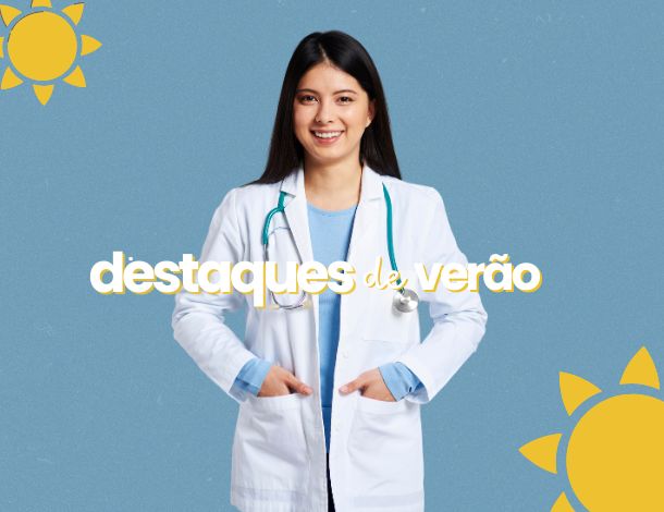 Banner de site promocao de verao moderno azul e amarelo Produtos Hospitalares, Médicos e Ortopédicos