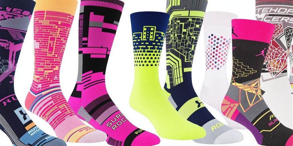 Sete modelos de meias de corrida em diferentes cores.