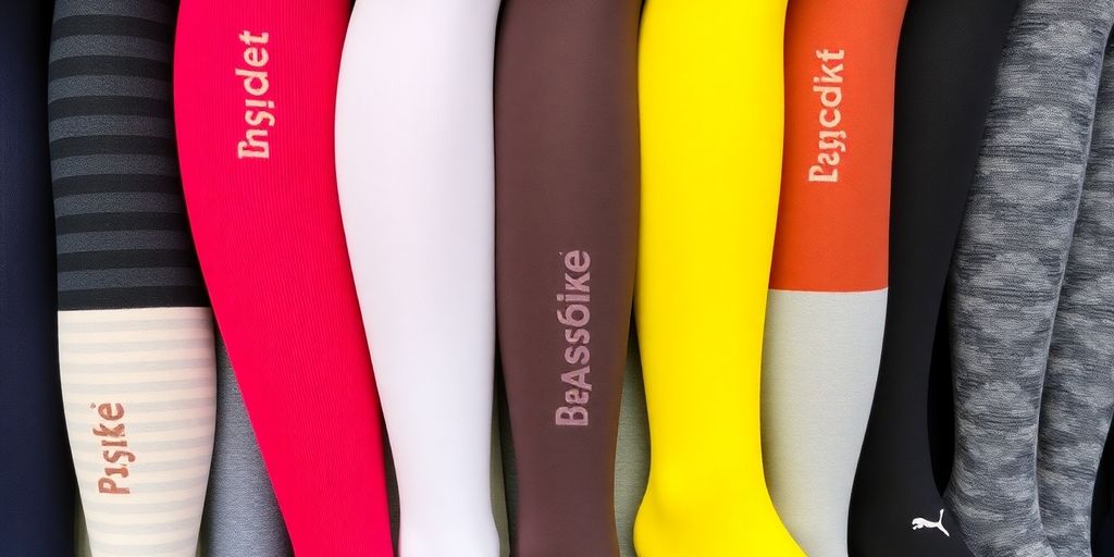 Várias meias de compressão em diferentes estilos e cores.