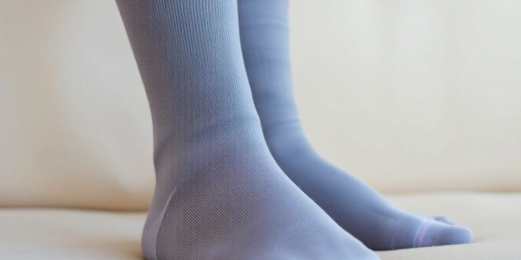 Meia de compressão em destaque, focando na textura e ajuste.