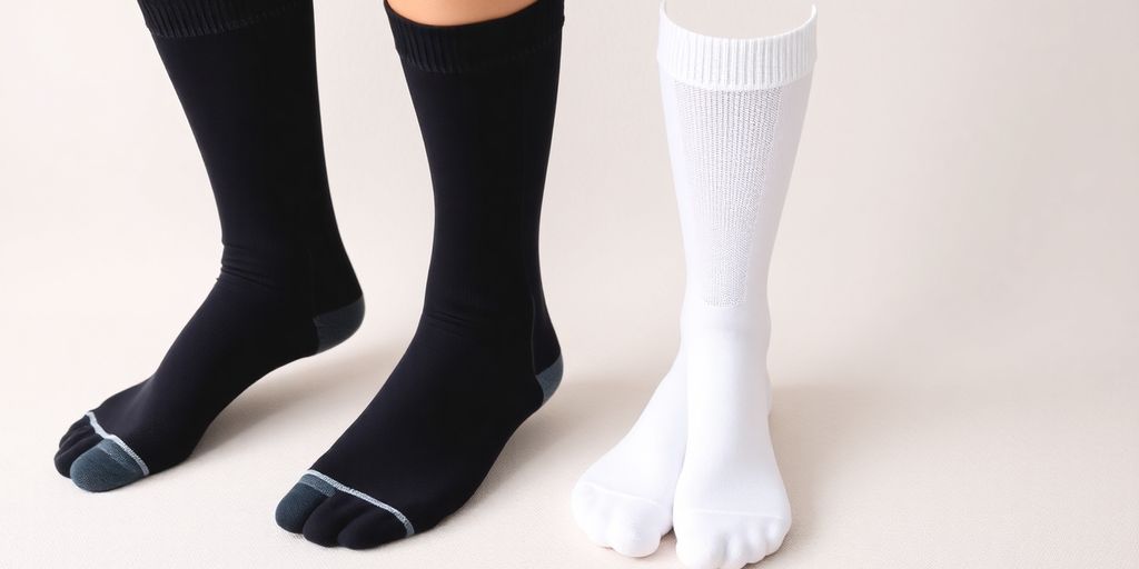 Meia de compressão 3/4 em fundo neutro.