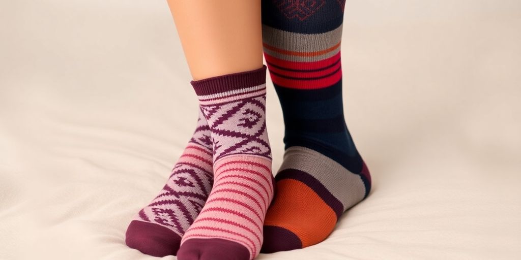 Meia feminina elegante para varizes com padrões estilizados.