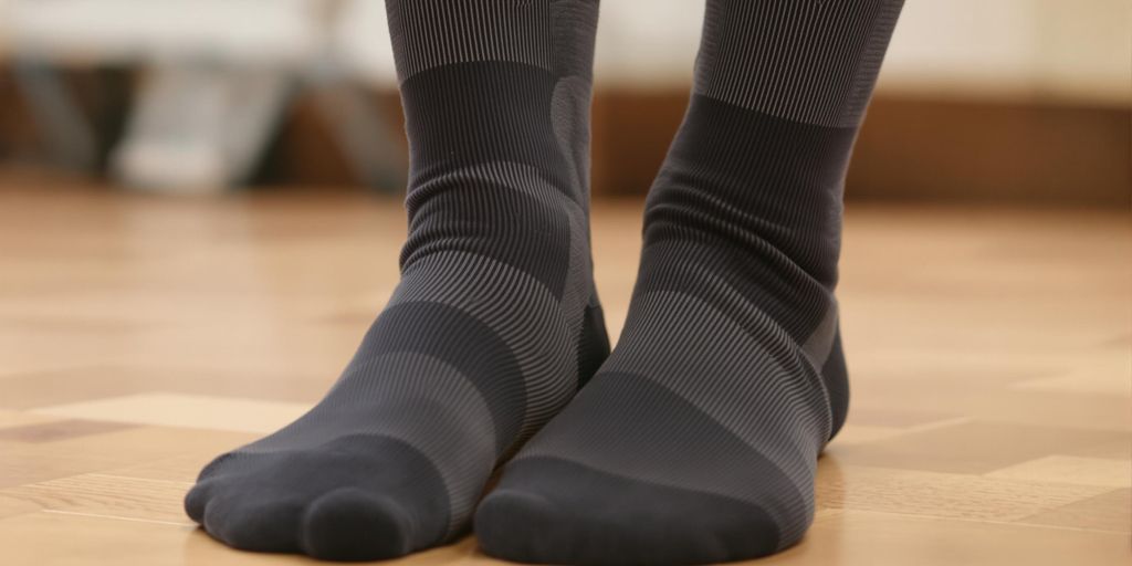 Imagem de meias de circulação em um chão de madeira.