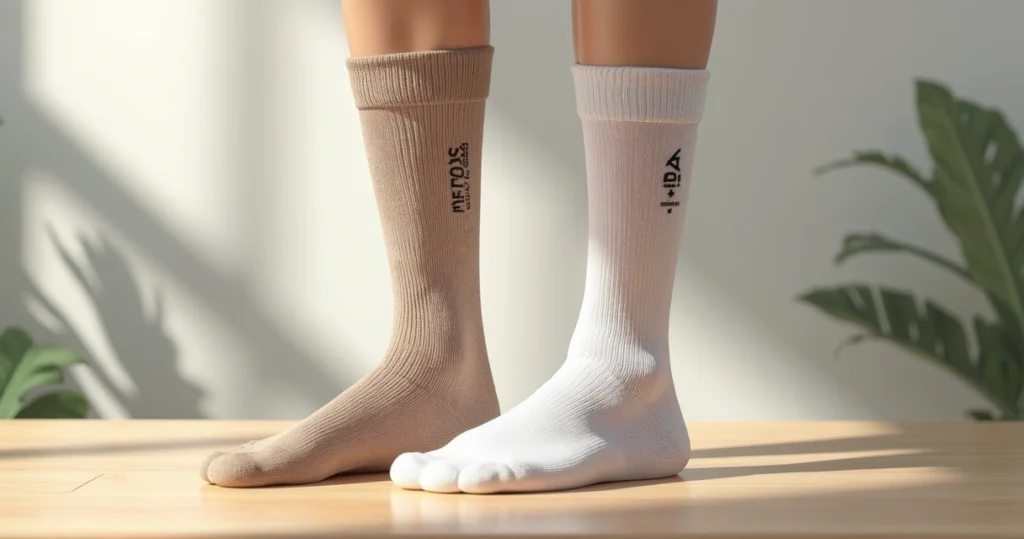Two compression socks side by side on a wooden surface, one Venosan and one Medix, with clear textures and logos visible