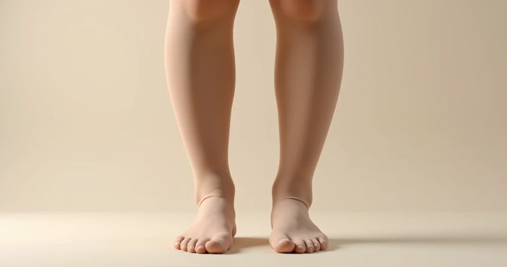 Legs wearing beige compression stockings on a light background