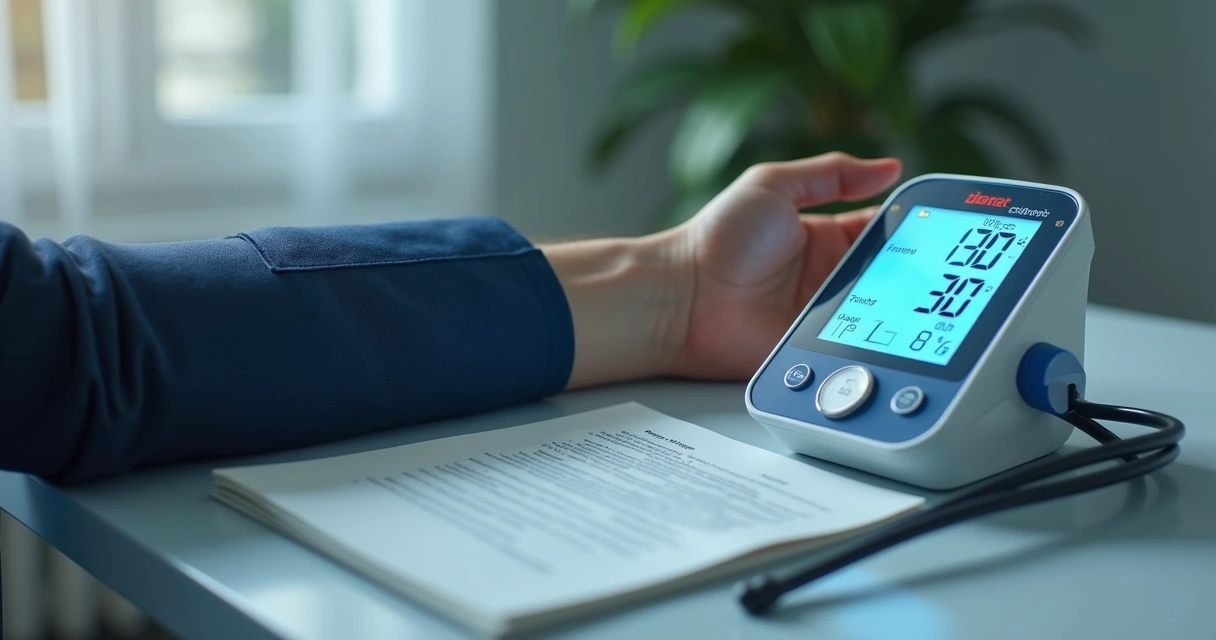 7 erros comuns no uso de aparelhos de pressão digital 1 Digital blood pressure monitor on arm with incorrect cuff positioning and open user manual on table