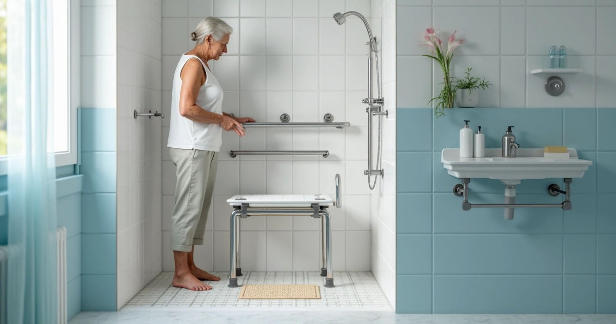 Quais produtos garantem segurança no banho de idosos? 1 Elderly person using bathroom safety equipment including grab bars and non-slip mats