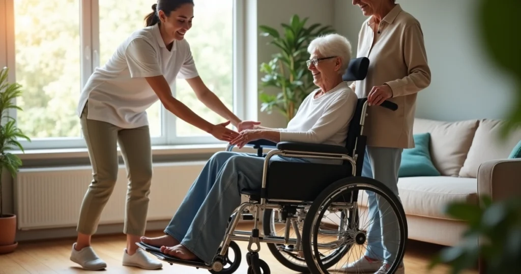 Elderly woman sitting in a modern wheelchair indoors, next to a caregiver helping her
