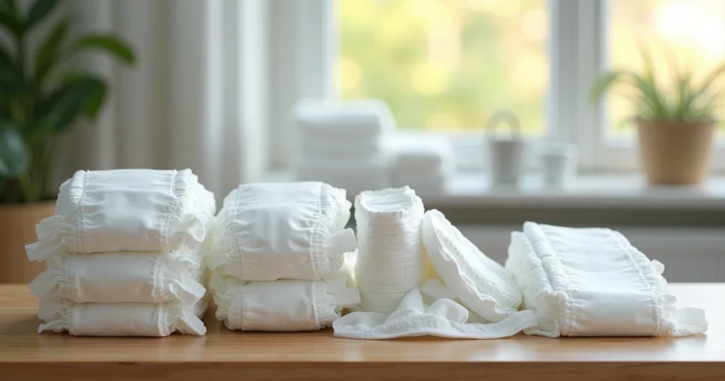 Geriatric disposable diapers in various sizes neatly arranged on a wooden table with soft natural light