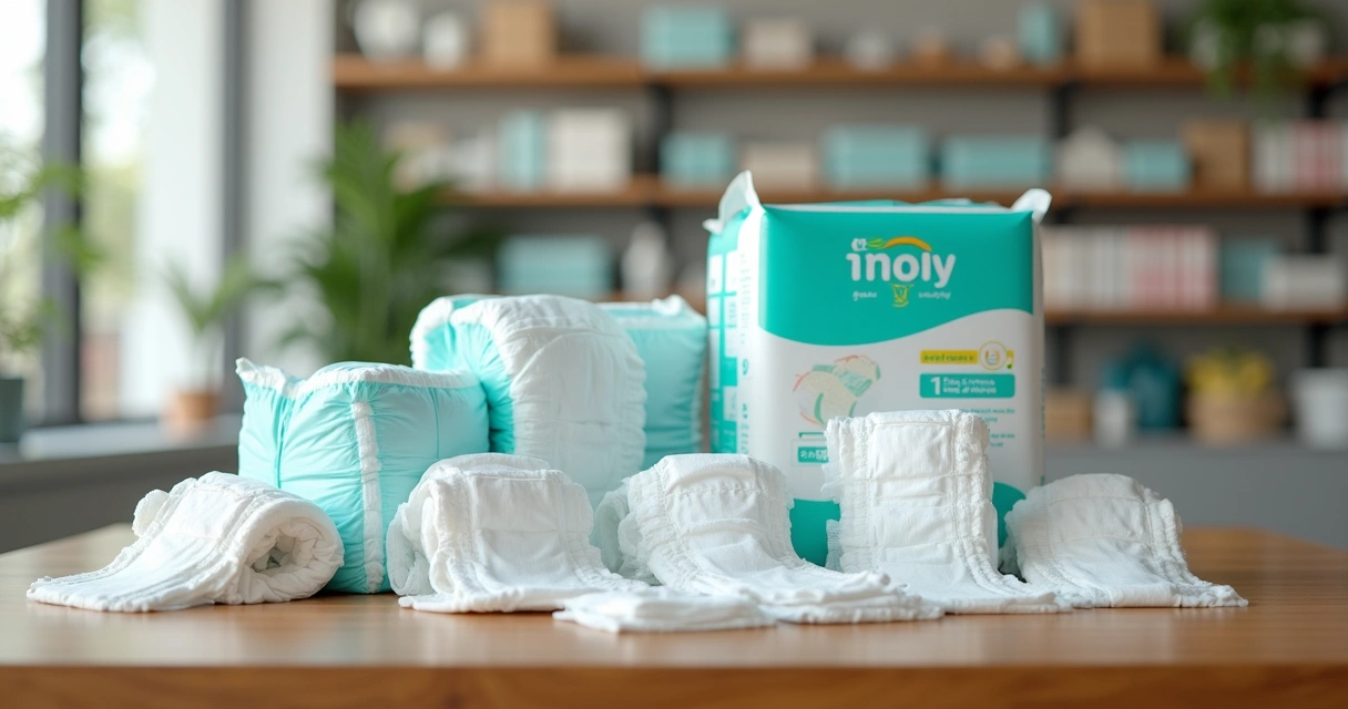 Fraldas Geriátricas: Guia Completo Para Escolher e Usar Corretamente 1 Various types and sizes of geriatric diapers displayed on a wooden table with colorful packaging and labels