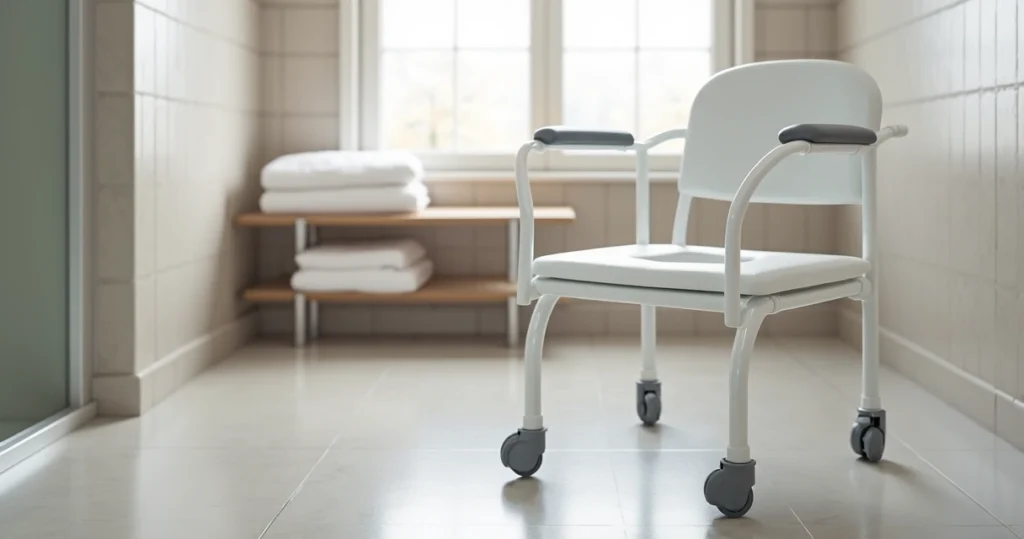 White hygienic bath chair with armrests and wheels in a clean bathroom environment