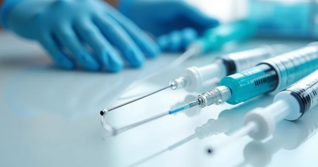 Close-up of medical syringes and catheters on a sterile surface with blue surgical gloves in the background