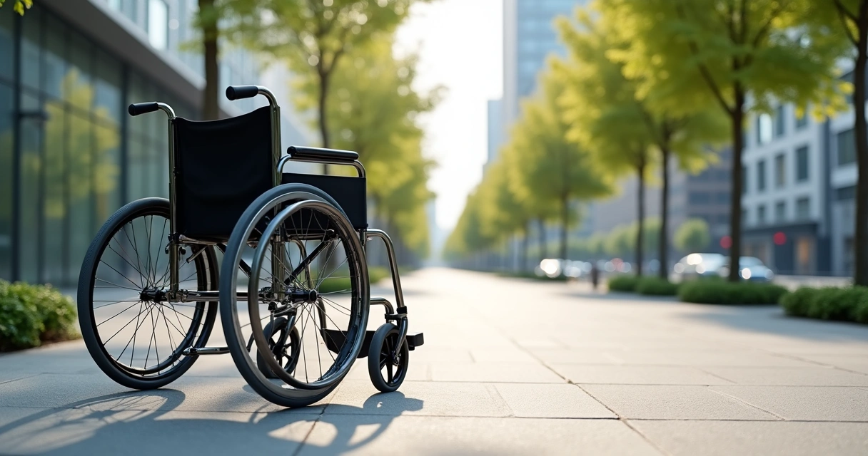 Cadeira de Rodas: Guia Completo para Escolher o Modelo Ideal 1 Modern manual wheelchair standing on an urban sidewalk with green trees and buildings in the background