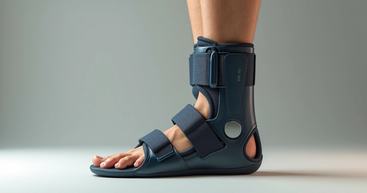 Bota Ortopédica: Guia Completo para Uso e Escolha Correta 1 Close-up of a medical orthopedic ankle boot with adjustable straps on a leg