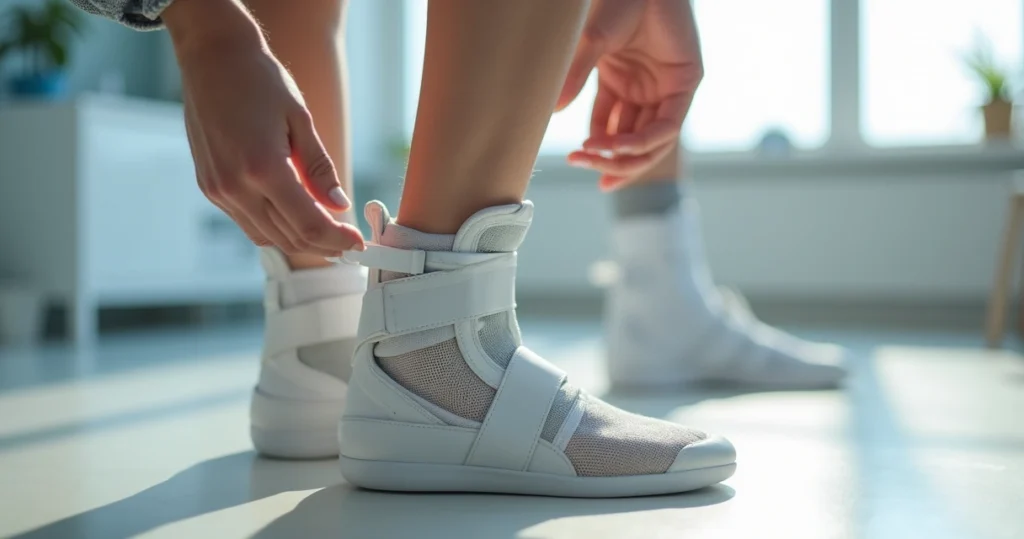 Close-up of orthopedic boot on a leg with hand adjusting straps in a bright room