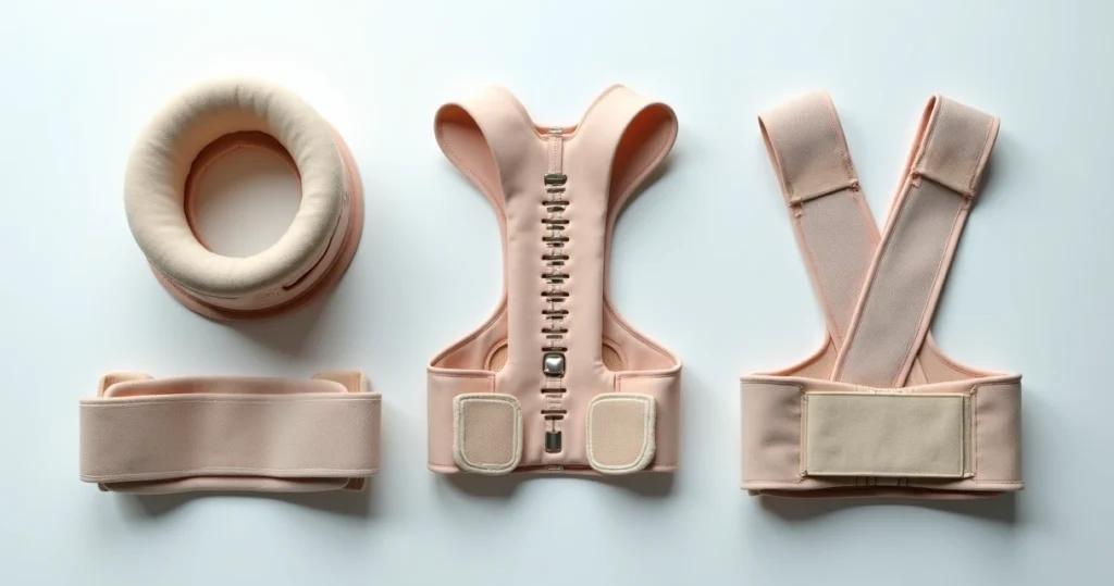 Various orthopedic braces including cervical and lumbar coletes ortopédicos displayed on a white background