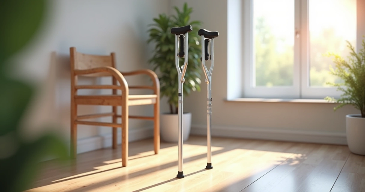 Muletas: Guia Completo para Escolher, Usar e Manter Corretamente 1 Pair of orthopedic crutches standing upright next to a wooden chair in a bright, clean room with sunlight coming through a window