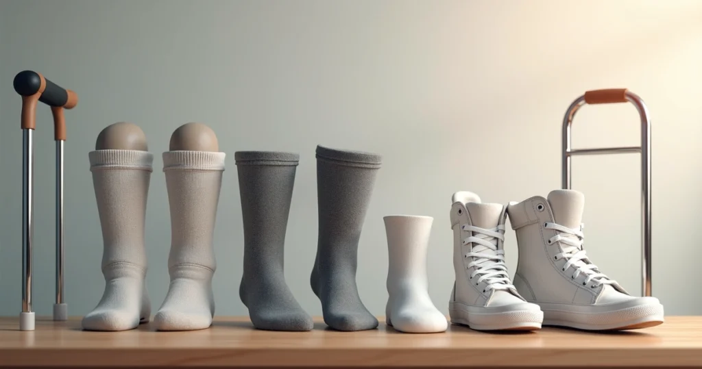 Orthopedic products including knee braces, compression socks, and walking canes arranged on a wooden table with a neutral background