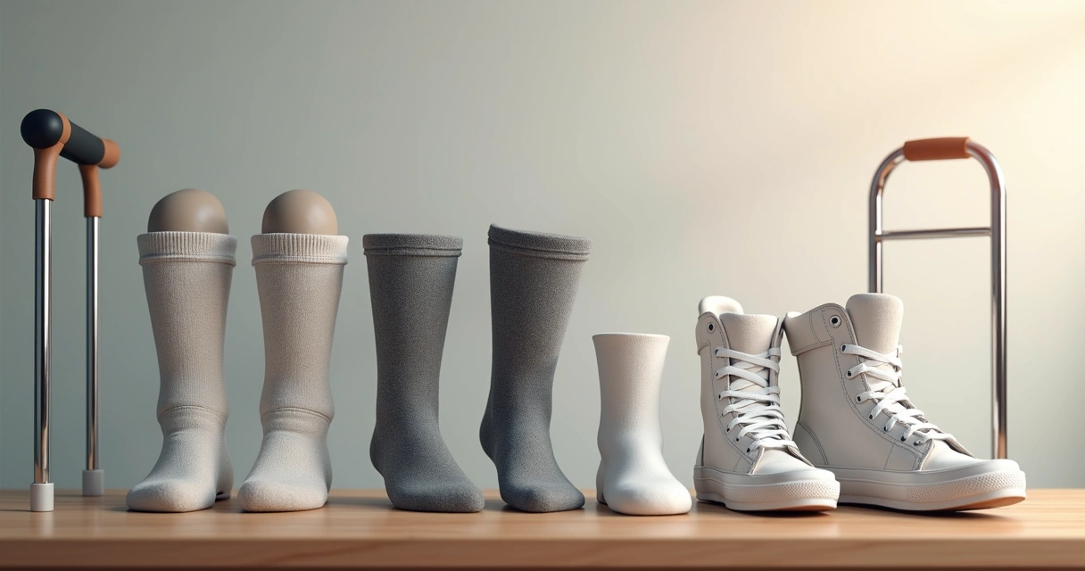Orthopedic products including knee braces, compression socks, and walking canes arranged on a wooden table with a neutral background