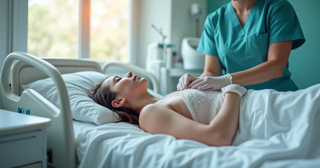Patient receiving bed bath with medical kit, caregiver assisting in hospital room
