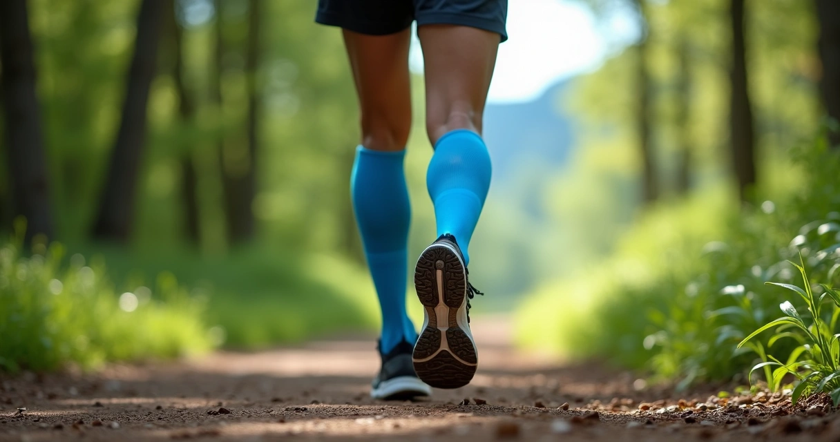 Meia de Compressão para Corrida: Guia Completo 1 Runner on outdoor trail wearing blue compression socks and running shoes