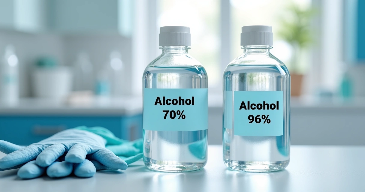 Two bottles of alcohol with labels 70% and 96% on a white surface with medical gloves and cotton pads nearby