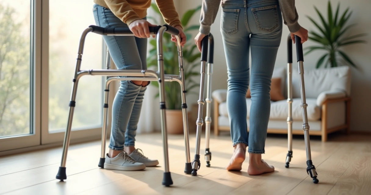 Andadores vs. Muletas: Qual é o Melhor para Recuperação? 1 Pessoa usando andador ao lado de pessoa com muleta axilar em ambiente interno claro