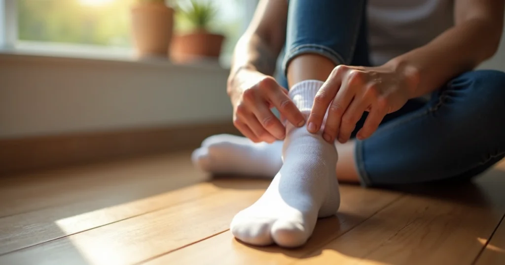 Person putting on white compression sock sitting on a wooden floor with sunlight
