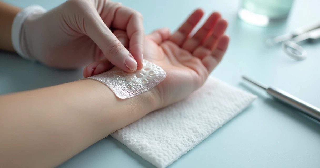 Hand applying a hydrocolloid bandage to a forearm wound in a medical setting