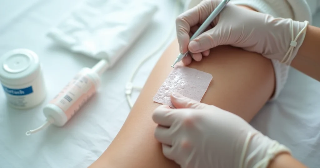 Hand applying hydrocolloid dressing on clean skin with visible medical supplies on white background
