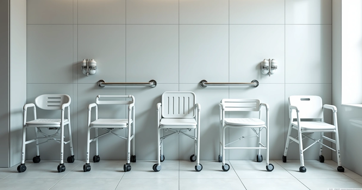 Segurança no Banheiro: 5 Modelos de Cadeira de Banho Higiênica 1 Five different models of hygienic bath chairs arranged in a bright bathroom setting with features like rubber feet, aluminum frames, wheels, and armrests clearly visible