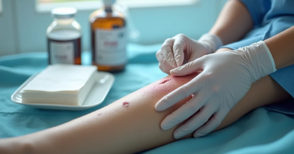 Healthcare professional applying PHMB impregnated dressing on patient's leg wound in clinical setting