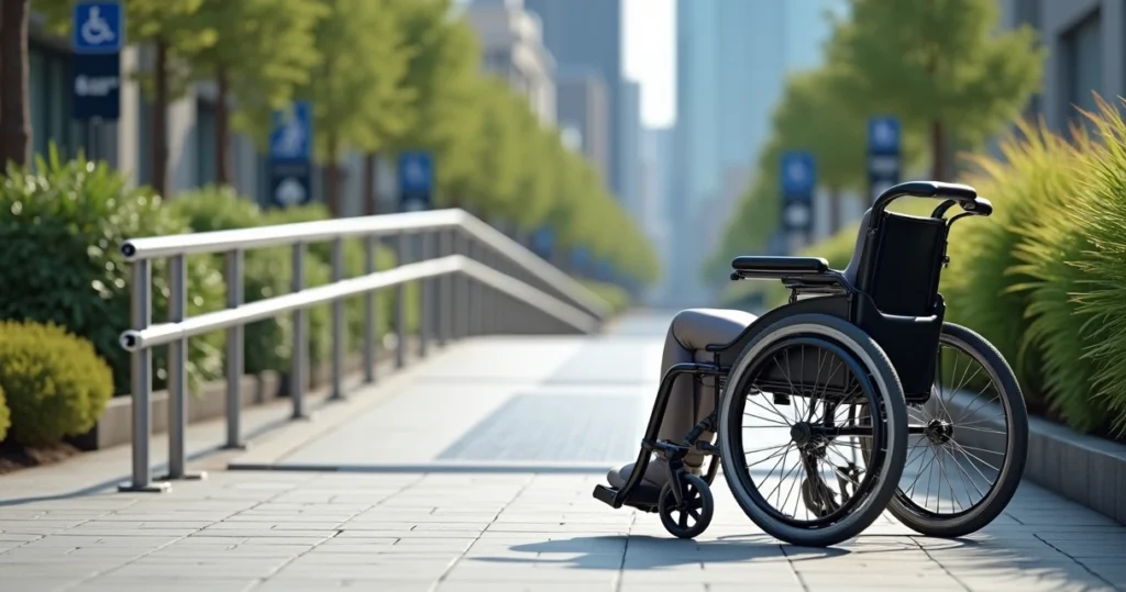 Modern wheelchair on a paved urban sidewalk next to a ramp and green plants