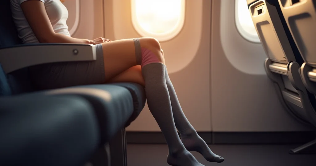 Person sitting in airplane seat wearing knee-high compression socks, legs relaxed on floor, sunlight through window